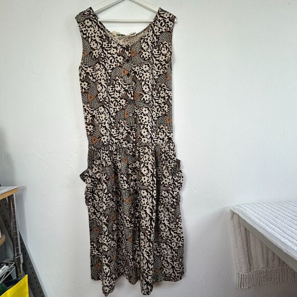 Vintage Organically Made Sleeveless Floral & Fish Print Midi Dress Sz M/L Brown